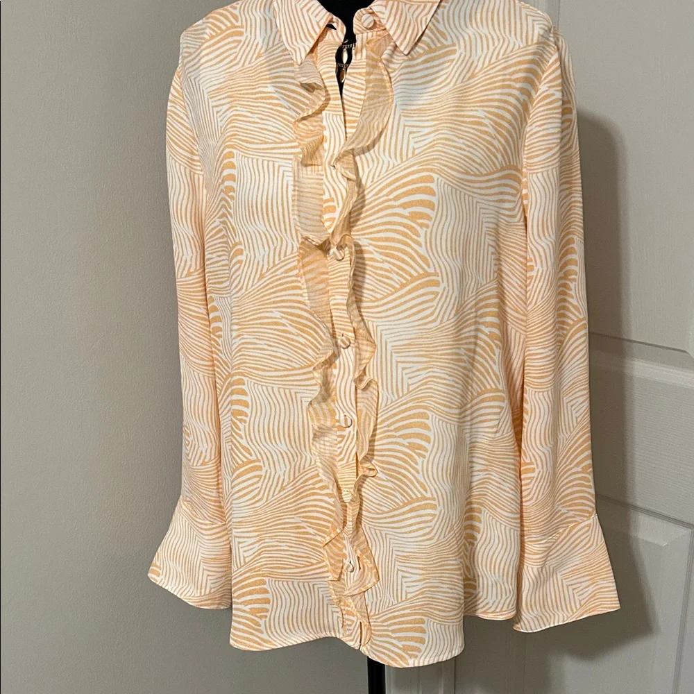 Chico's Size 2 (regular L) Cream and Orange Patterned Blouse - Picture 1 of 8
